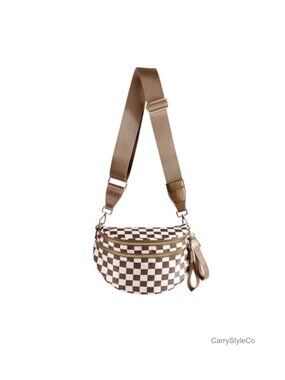 Checkered Nylon Crossbody Bag Sling Bum Bag Removable Adjustable Strap